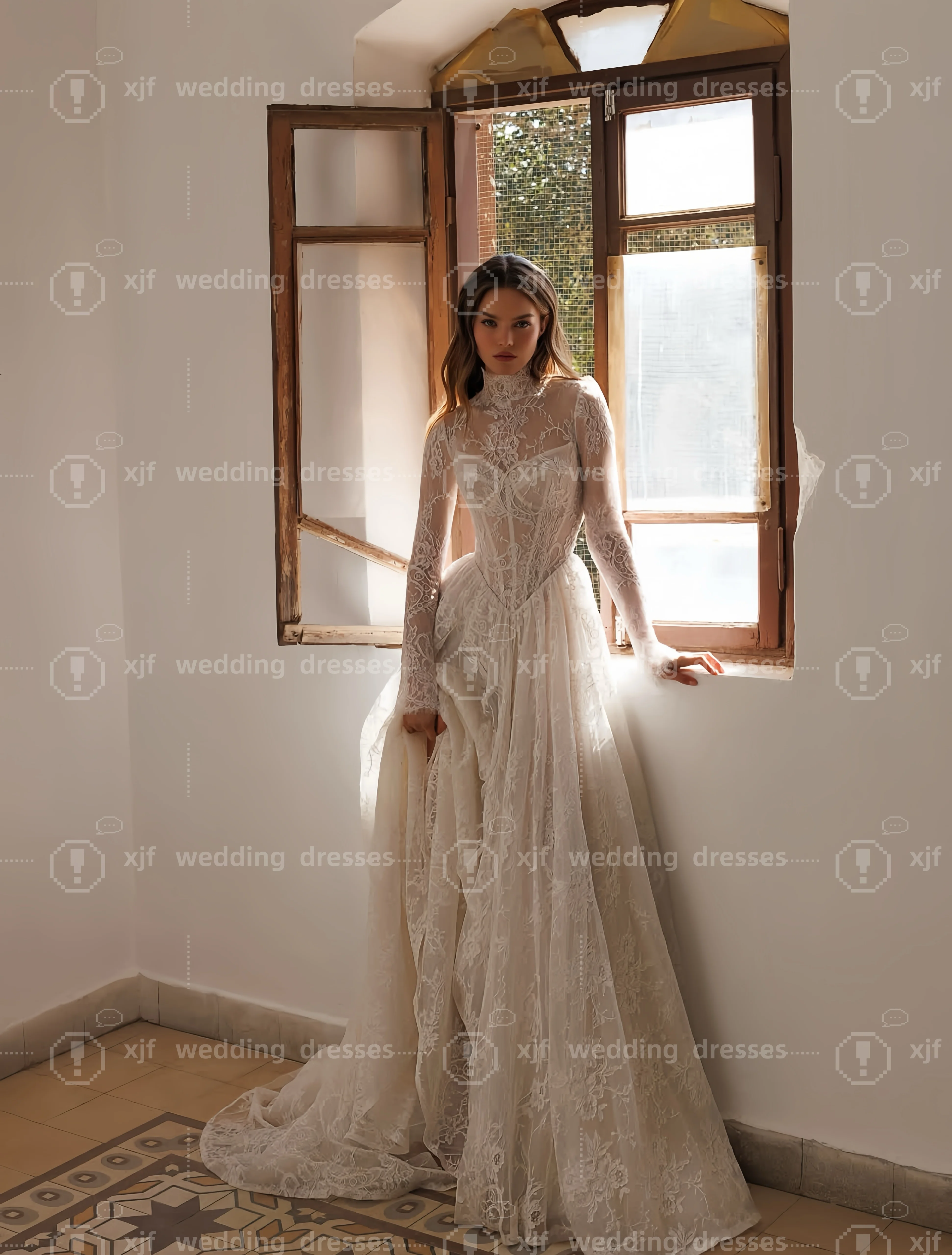 Customized High-Neck Long-Sleeved A-Line Lace Elegant Wedding Dress Vestidos De Novia Amanda Novias Amanda Novias Official