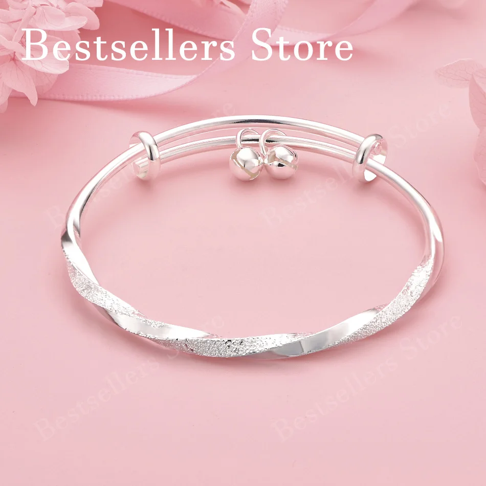 Elegant 925 Sterling Silver Exquisite Twisted Frosted Bell Bracelet Women Fashion Party Wedding Jewelry Adjustable Bracelet