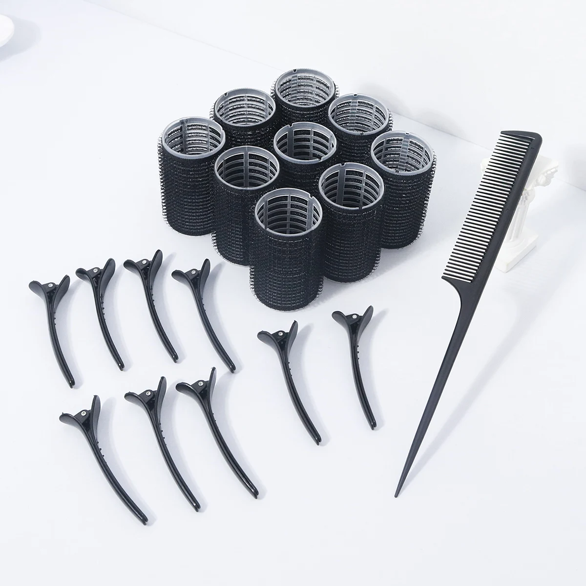 Kit di accessori per capelli styling da 19 pezzi, bigodino senza calore, clip a becco d'anatra, pettine a denti fini a coda appuntita, speciale per parrucche di capelli veri
