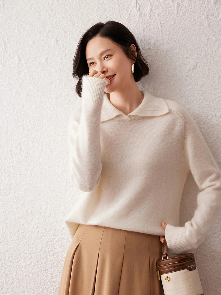

Peter Pan Collar Women's Elegant Cashmere Knitwear Autumn Winter Casual Pullover Sweater Female 100% Cashmere Clothing Soft Tops