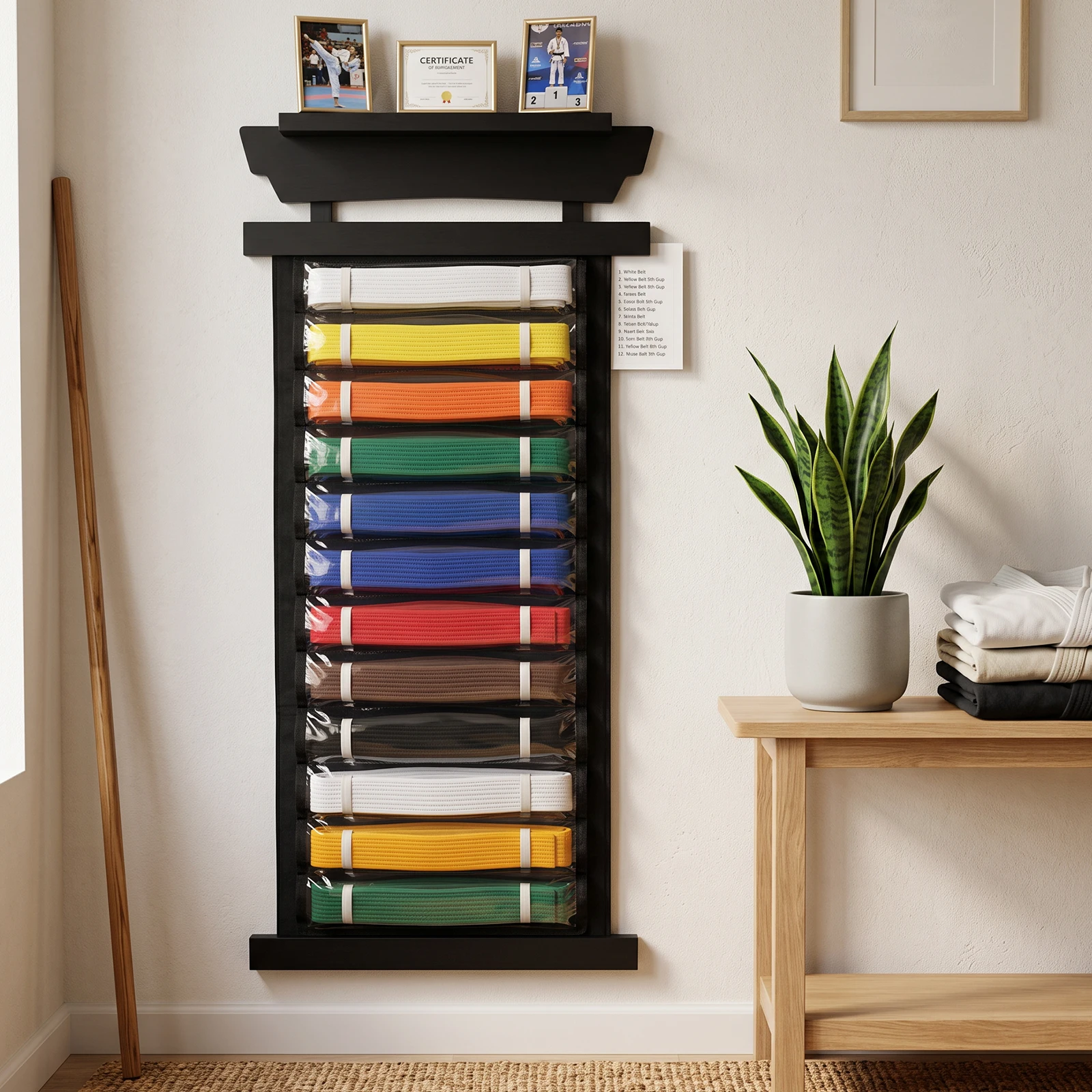Martial Arts Belt Display Rack Karate Taekwondo Martial Arts Belt Organizer with Stickers Trophy Rack for Taekwondo Learners