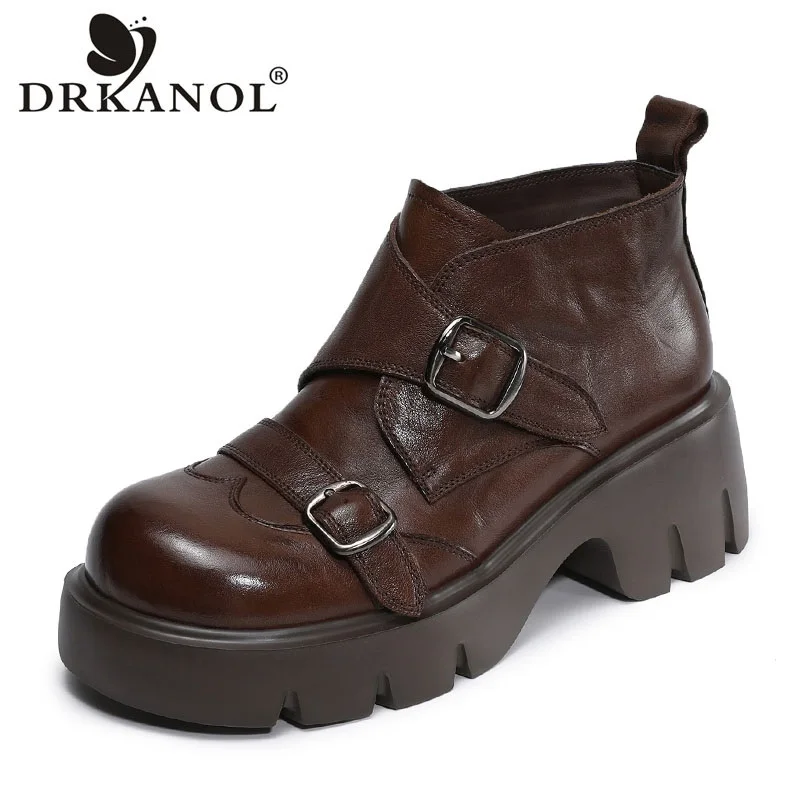 DRKANOL Women Chunky Platform Ankle Boots Autumn Round Toe Thick High Heel Height Increasing Genuine Leather Casual Boots Women