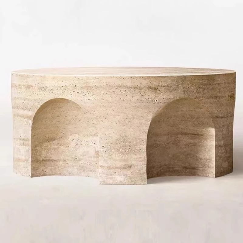 

Cream wind round travertine coffee table simple Internet celebrity design sense sculpture integrated marble coffee table