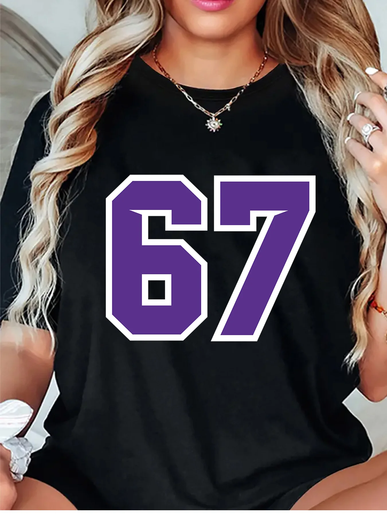 Purple White Outline Number 67 Vintage Sport Font Art Graphic Womens T Shirt Short Sleeve Crew Neck Daily Casual Ladies Tee Tops