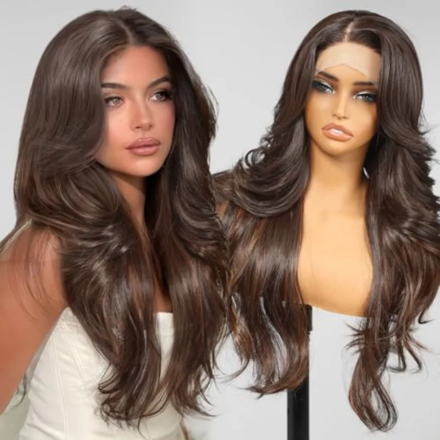 براون الاصطناعية الدانتيل شعر مستعار أمامي 13x4 HD الدانتيل الطبقات موجة غلويليس الباروكات للنساء الاستخدام اليومي 26IN مريحة وطبيعية المظهر