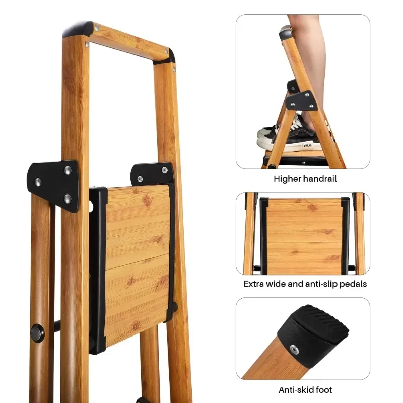 Step Ladder Folding Step Stool 3 Step Stairs Heavy Duty Woodgrain Finish Lightweight Anti-Slip Portable