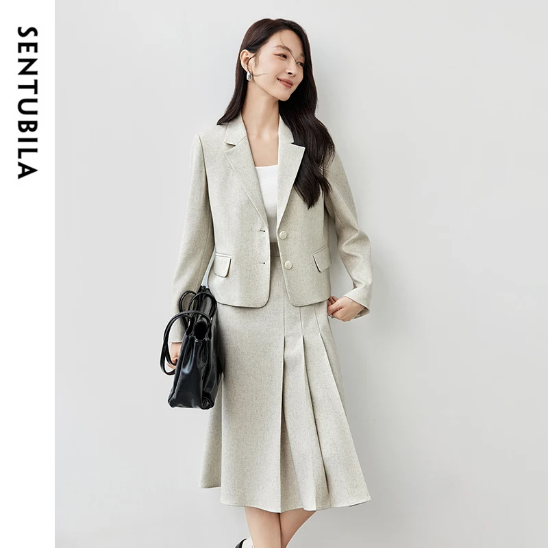 SENTUBILA Women Commute Blazer Skirt Suits Work Wear 2 Piece Outfits 2024 Autumn Linen Blend Cropped Blazer Skirt Sets 143Z56734