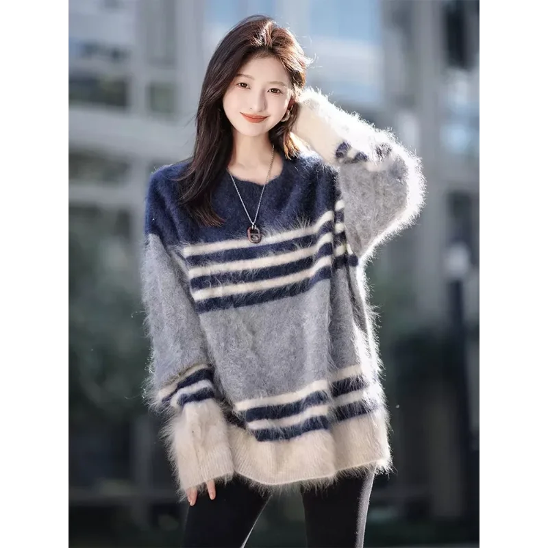 

Contrast Striped Women Autumn Winter New Thickened High-end Soft Waxy Sweater Fashionable Versatile Top