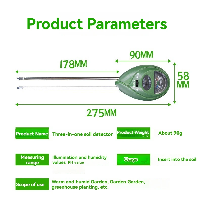 Three-in-one Round Head Soil Meter Detector Ph Meter Ph Meter Humidity Luminosity Measurement Tester Soil Gardening