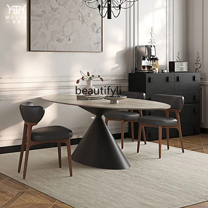 

French retro travertine rock slab dining table oval designer medium and ancient style home dining table