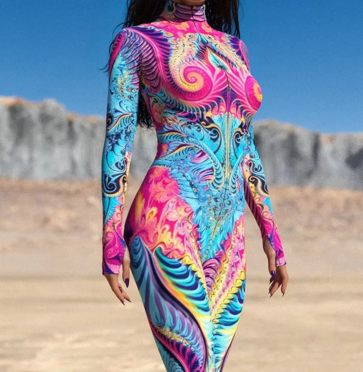 Bunt bedruckter Damen-Jumpsuit für Urlaub und Party, Punk-Zentai, Rave-Outfit, Yoga-Catsuit, Fahrrad- und Halloween-Anzug – Detail 7