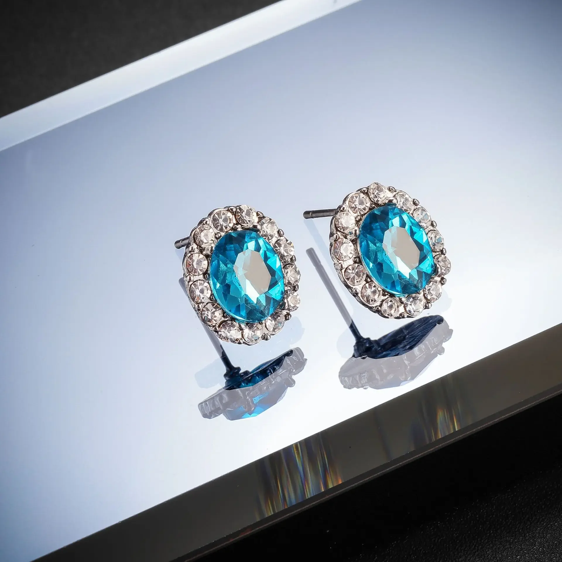 Classic Female Earrings 925 Sterling Silver Crystal Ocean Blue Waterdrop Full Zircon Earrings for Women Gift Statement Bijoux