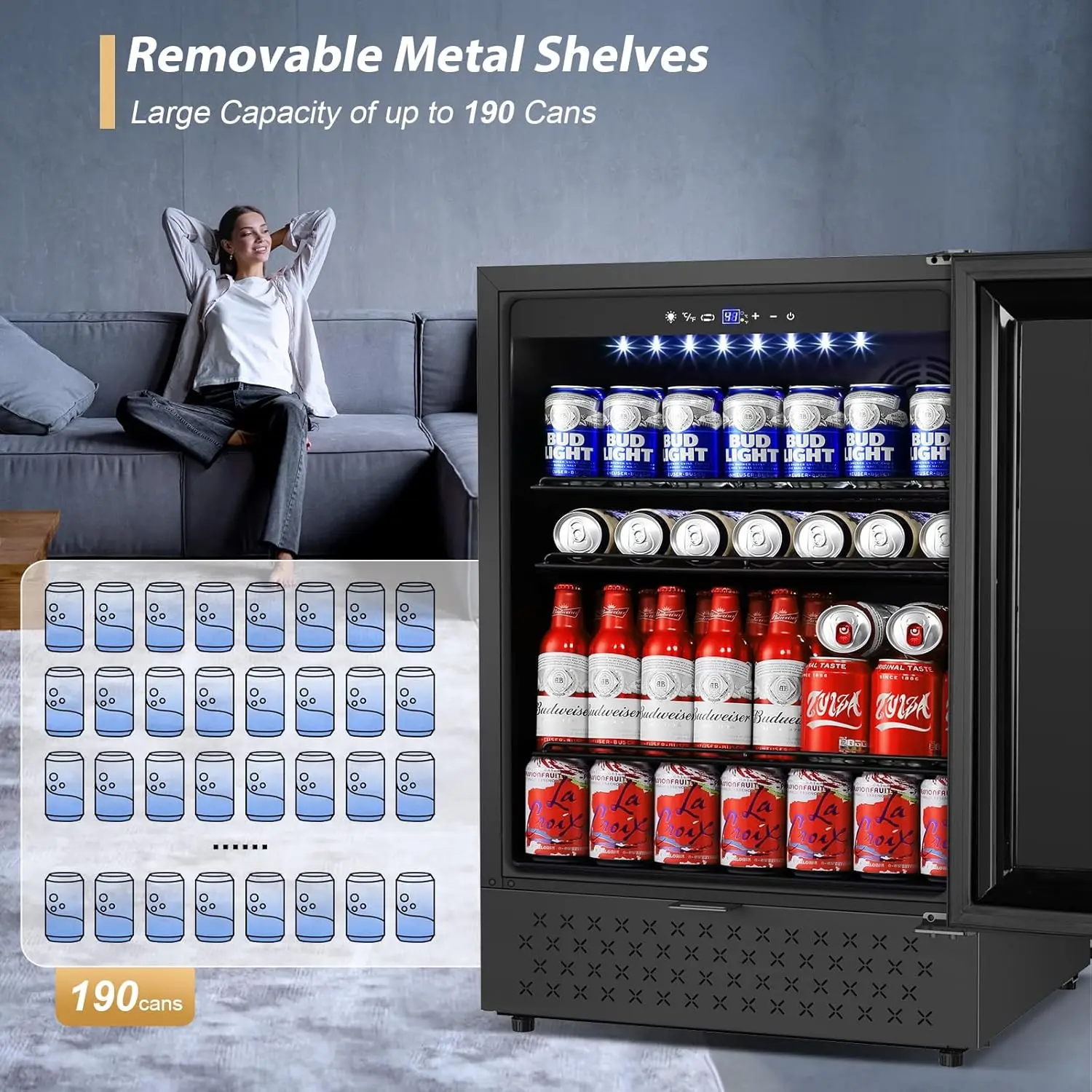 ثلاجة 24 بوصة، ثلاجة مشروبات قائمة بذاتها، مبرد مشروبات 190 علبة مع باب زجاجي، تبريد سريع - للبيرة