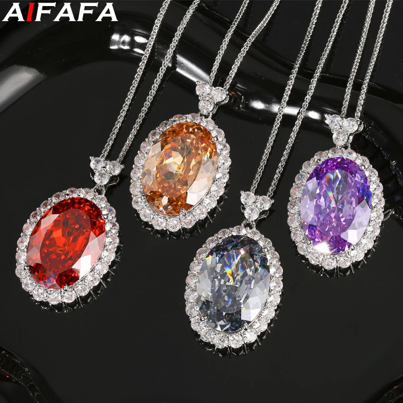 Stunning Big Oval Pendant Necklace Rings Jewelry 18*25mm 4 Color Stone with 55cm Neck Chain Fashion Accessories Jewelry Gifts