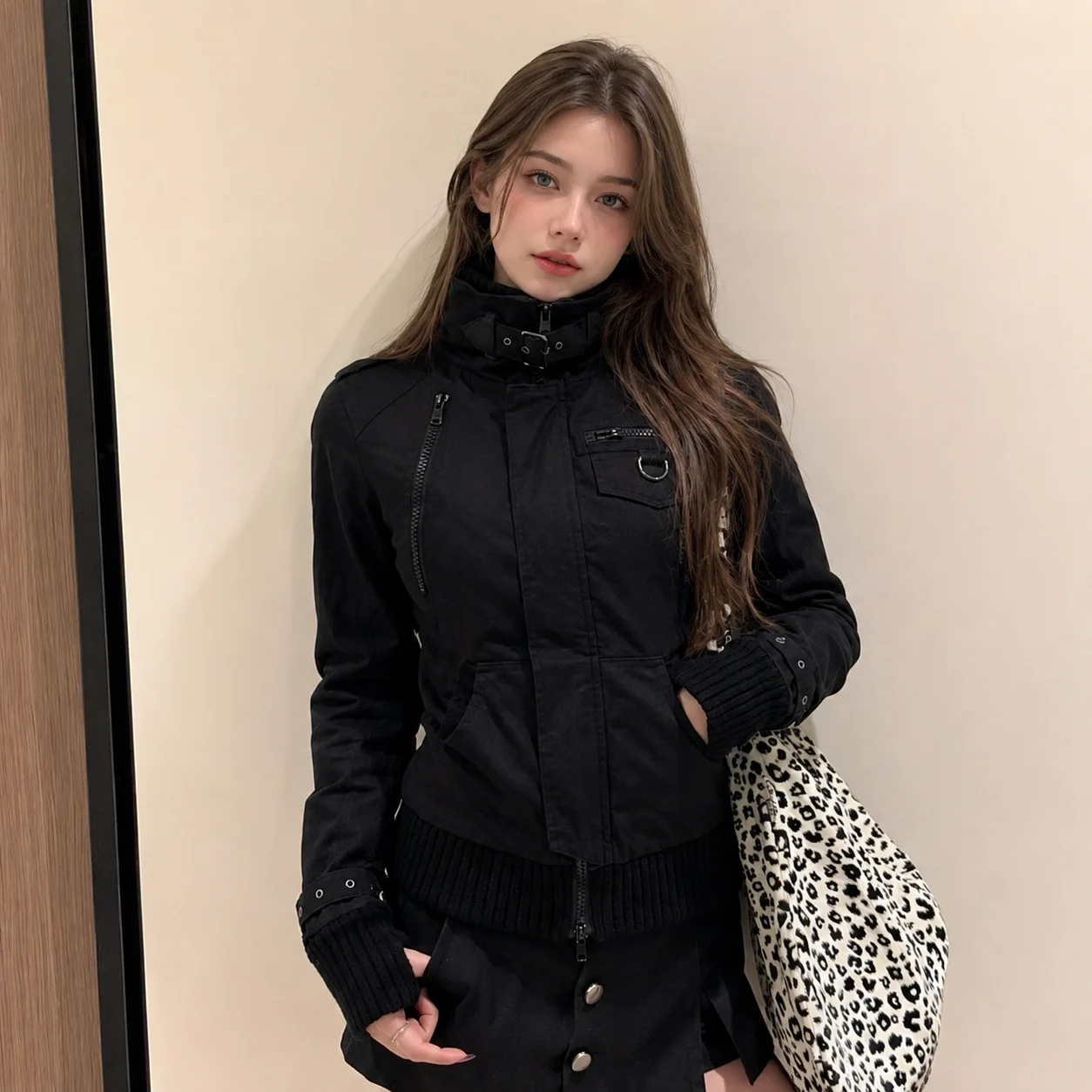 Gothic Vintage Y2K Techwear Cropped Jacket Women Slim Fit High Neck Buckle Strap Zipper Pocket Ribbed Hem Casual Daily Outfit