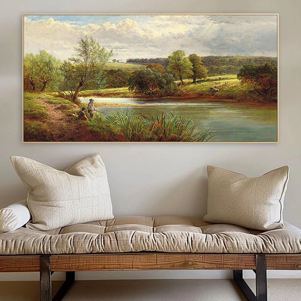 A Days Fishing on the River Canvas Painting 19th Century Wall Art Printed Mural Poster Home Decor Items Illustration