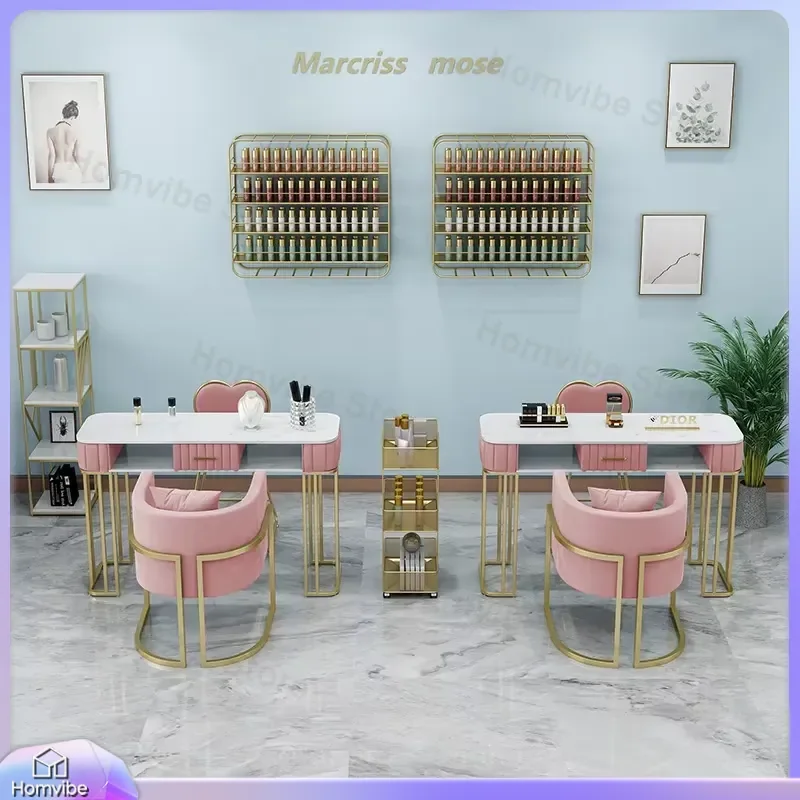 Modern Pink Nail Table Set for Salon Nail Art Desk with Storage Cabinet Stool Chair Metal Pedicure Table Manicure Station