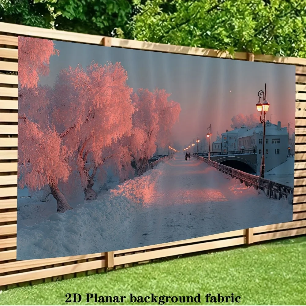 2D Flat, 1pc Winter Snow Scene Tapestry - Large Winter Wonderland Wall Hanging with Icy Pink Birch Trees & Frosted Branches, -li