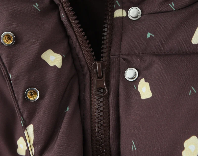 Katoenen damesjas 2025, winter nieuwe stijl kastanje kleur, lange mouwen, bedrukte capuchon, losse warme katoenen jas, casual mode