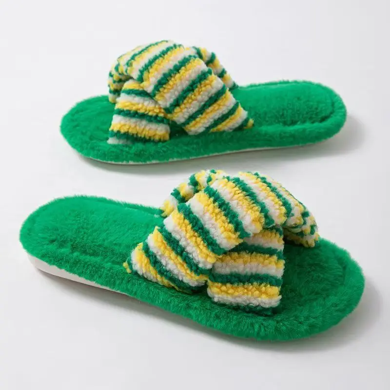 women-big-size-one-word-plush-slippers-autumn-winter-new-soft-sole-non-slip-comfortable-home-striped-slippers-floor-slippers