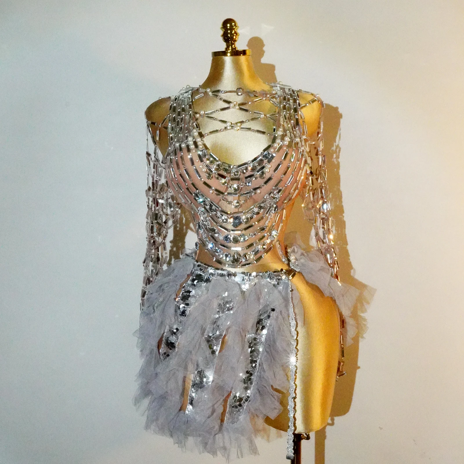 Sexy Music Festival Hollow Out Diamonds Tops ball gown skirt 2 piece set party birthday outfit Valentine Celebrity stage costume