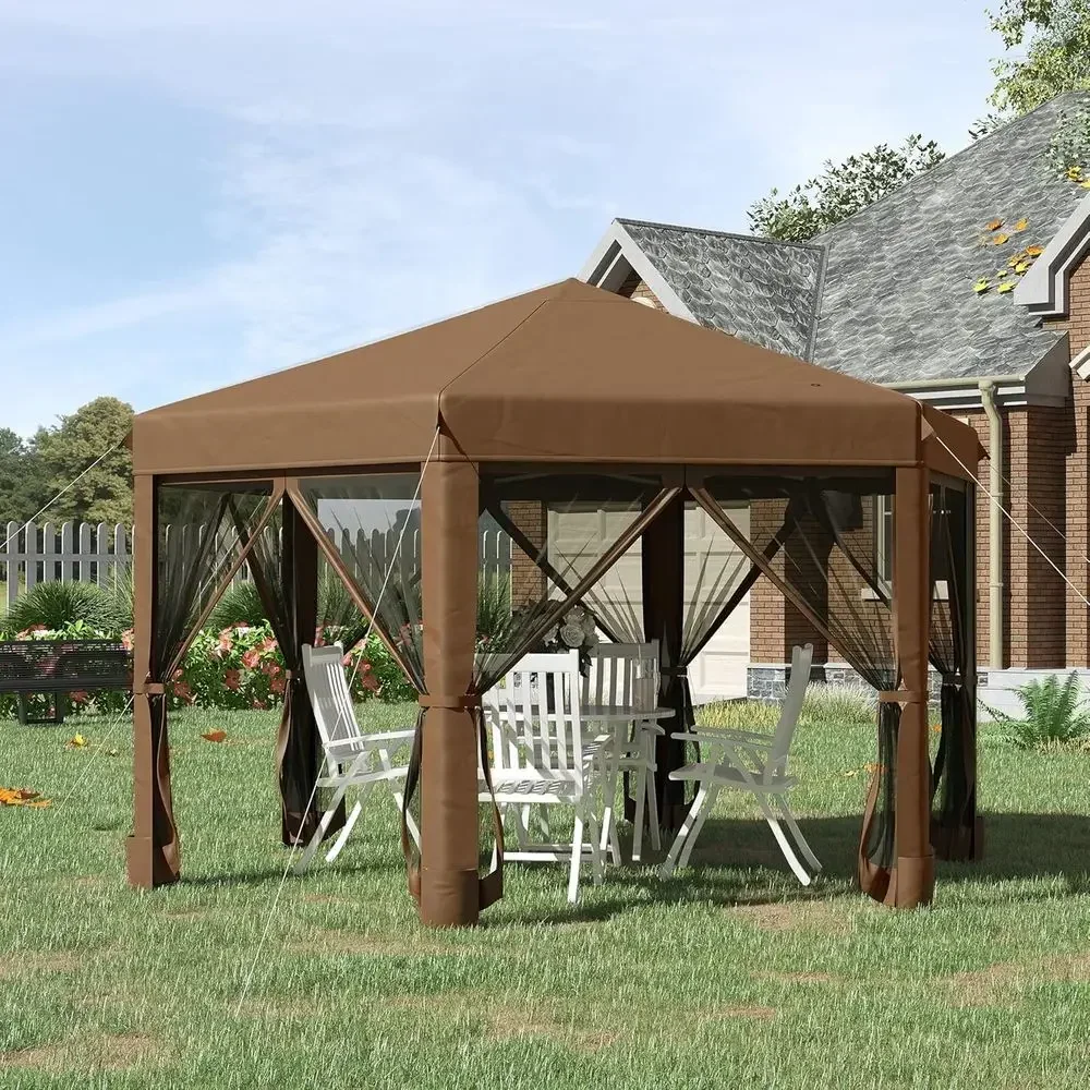 Heavy-Duty 13x11ft Hexagonal Gazebo with 6 Mesh Sidewalls and Adjustable Height, Brown
