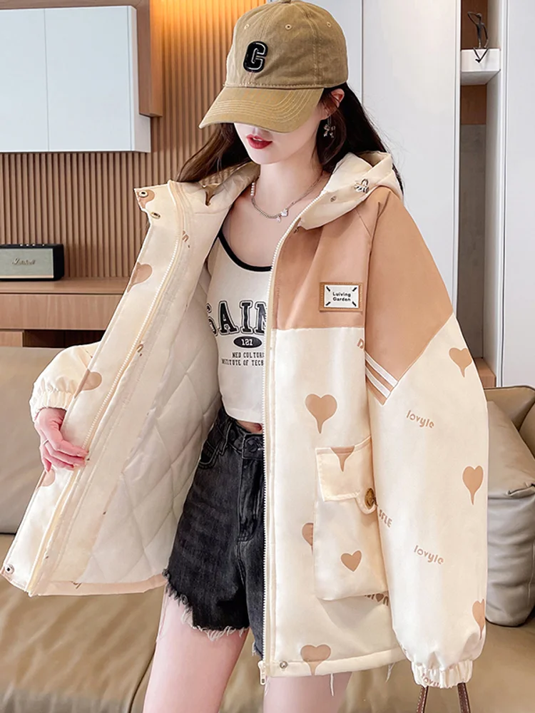 Autumn Winter Youth Warmth Coat Color Blocked Fashion Student Loose Casual Sports Printed Alphabet Drawstring Hoodie Outerwear