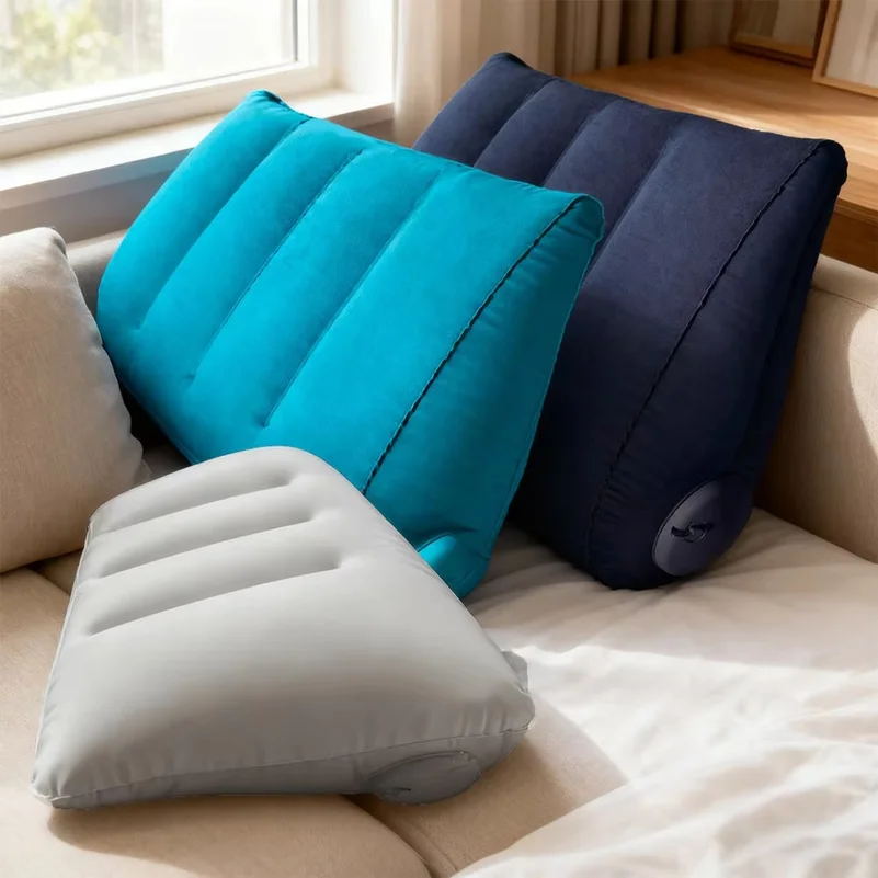 Triangular Travel Pillow Inflatable Office Neck Lumbar Support Pillow Thickened Flocking Leg Rest Pillow for Air Travel