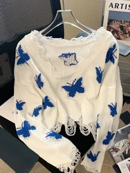 ZMZBCH Korean Fashion New Graphic Butterfly Knitted Sweater Woman Sweet sized Cropped Tops Off Shoulder Y2K Casual Sweater