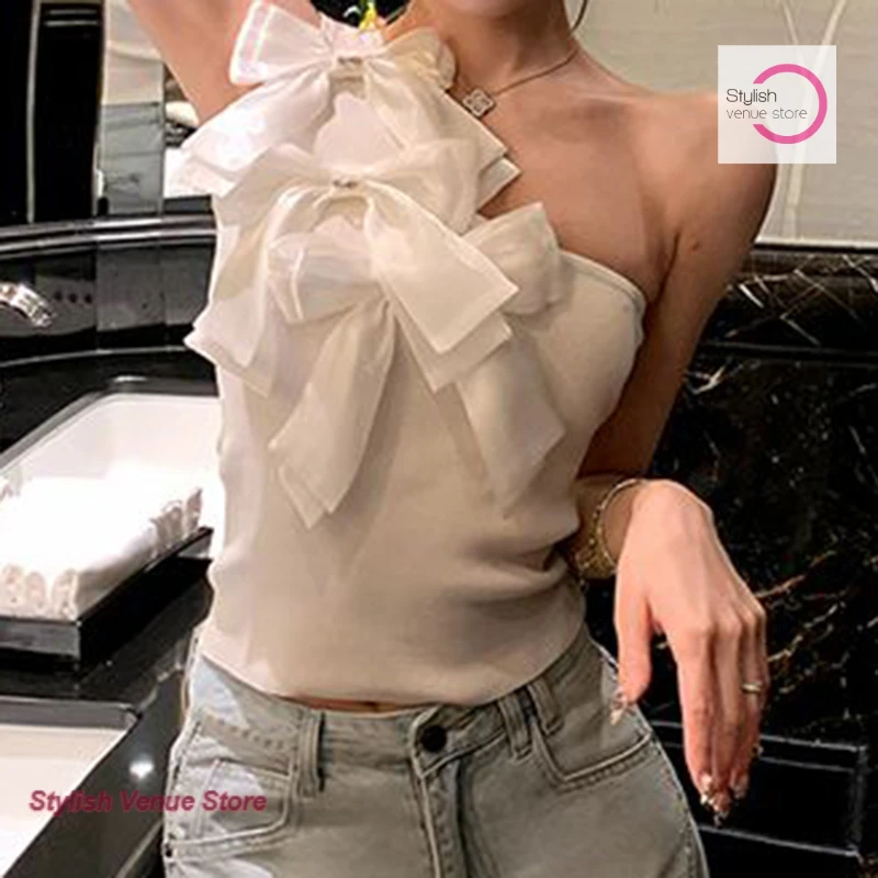 Korean style solid color diagonal shoulder tube top women's summer new fashion bow off-the-shoulder slim temperament short vest