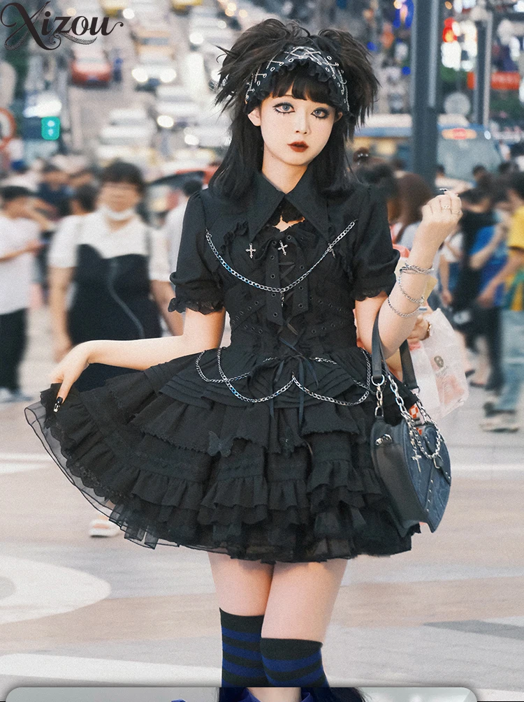JSK Gothic Punk Stil Elegante Beiläufige Kurze Kleider für Frauen Subkultur Harajuku Sommer Original Kawaii Dame Lolita Kleid
