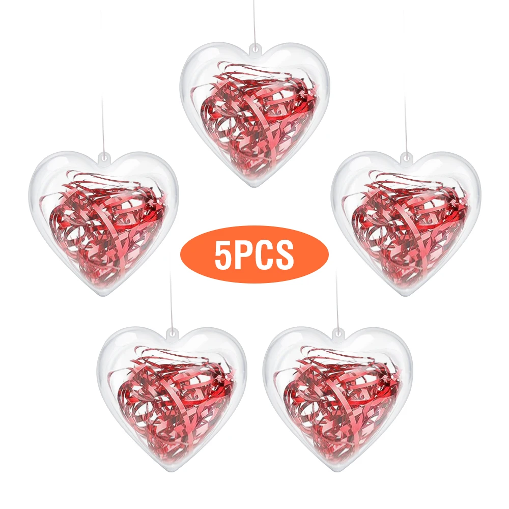 Clear Plastic Ornaments, Pack of 5 Individual 80mm Clear Plastic Heart Christmas Ornaments,Fillable Balls for Christmas Tree Decor, Wedding Party, DIY Crafts