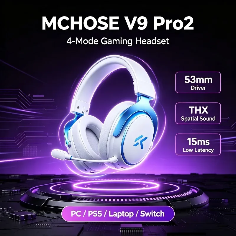 MCHOSE V9 Pro2 Gaming Headset 4‑Mode Wireless 15ms Low Latency THX Spatial Sound AI Detachable Noise Mic For Laptop PC Game