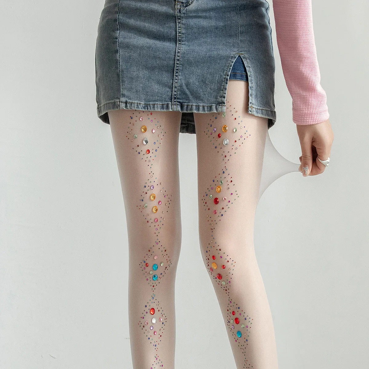Fashion Personality Colored Acrylic Decorative Women's Pantyhose Handmade Thin Through Anti Hook Paste Rhinestone Tights