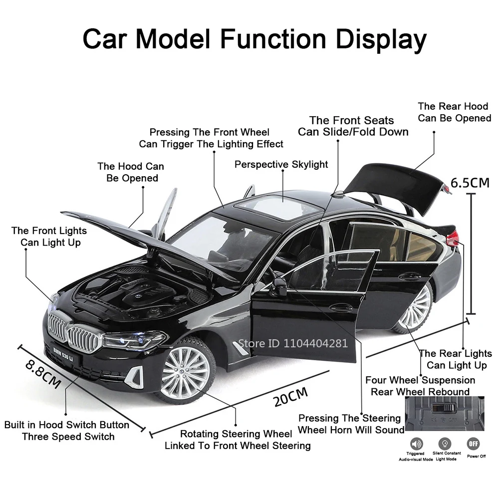 1:24 530li m4 modelo em miniatura brinquedos diecast liga carro roda dianteira direção som luz puxar para trás veículos crianças surpresa de natal