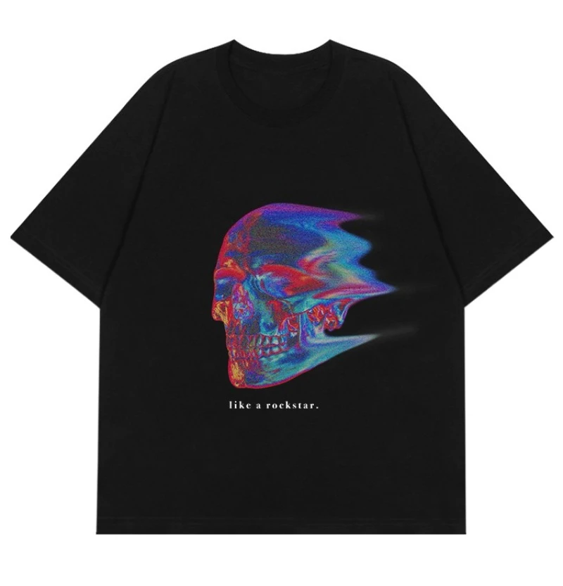 2025 صيف جديد التصوير الحراري العظام تي شيرت مطبوع القطن فضفاض وعصري قصيرة الأكمام الشارع الشهير للرجال والنساء