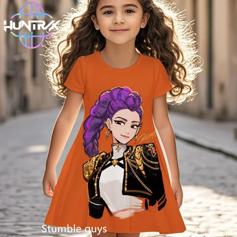 فستان Kpop Demon Hunters للفتيات الصغيرات مريح للصيف برسوم كارتونية وأكمام قصيرة للشاطئ كاجوال