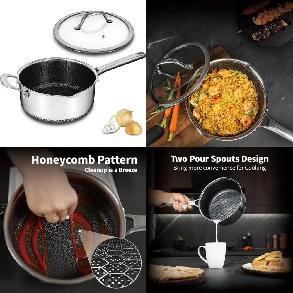 

4-Quart Hybrid Nonstick Saucepan with Lid, Stainless Steel Stockpot featuring Honeycomb Interior, Suitable for All Cooking Surfa