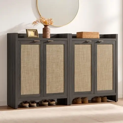 Shoe Cabinet Set of 2 Large Capacity Shoe Storage Organizer Cabinet | Tall Rattan Shoe Cabinet with Doors and Shelves