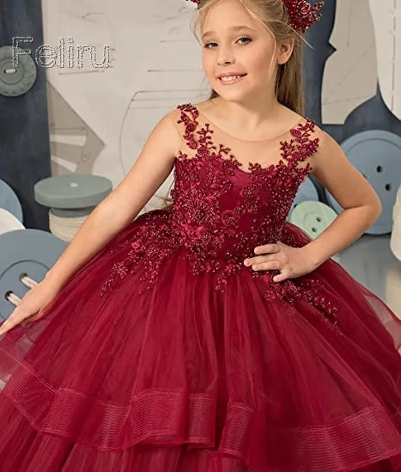 

Pageant Scoop Tiered Kids Wine Red Flower Girl Dress For Wedding Pearls Lace First Communion Ruffle Tulle Princess Birthday Gown