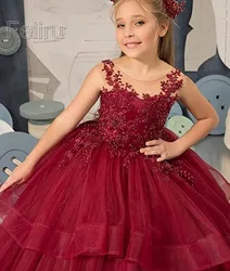 Pageant Scoop Tiered Kids Wine Red Flower Girl Dress For Wedding Pearls Lace First Communion Ruffle Tulle Princess Birthday Gown