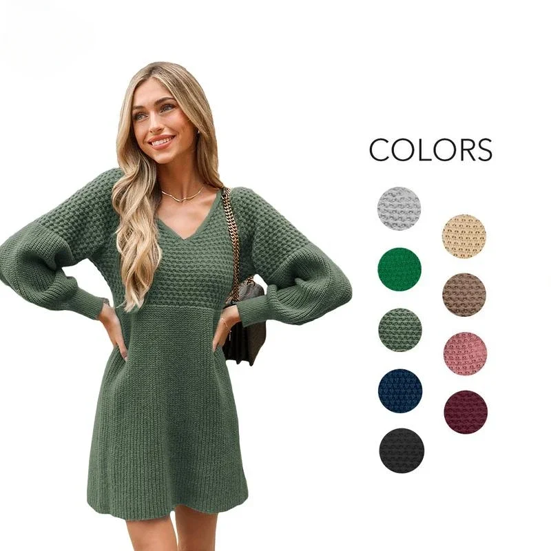 CUPSHE Women's Fall Casual Sweater Dress V Neck Honeycomb Long Sleeve Textured Knit Pullover Dresses Womenswear