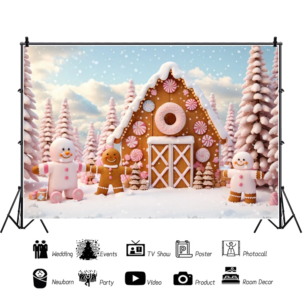 Laeacco Christmas Candy House Lollipop Background Winter Snowflake Forest Snowman Kids Birthday Portrait Photography Backdrop