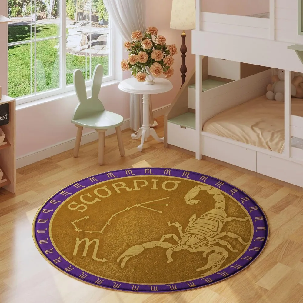 Scorpio Constellation Zodiac Sign Golden Scorpion Purple Pattern Holiday Luxury Round Mat Elegant Area Rug Home Decor