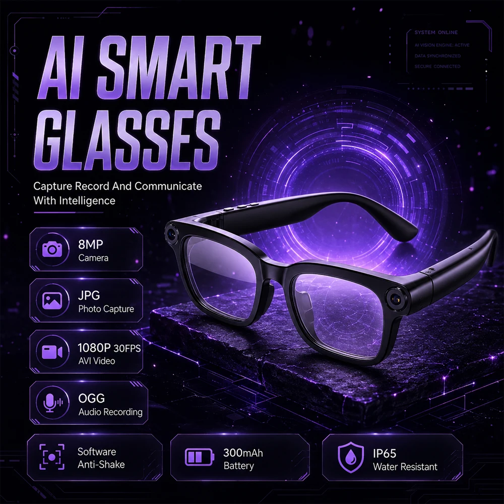 2026 New AI Smart Glasses 8MP Camera Capture Life Clearly JPG Photo 1080P AVI Video OGG Audio Anti Shake IP65 Waterproof 300mAh