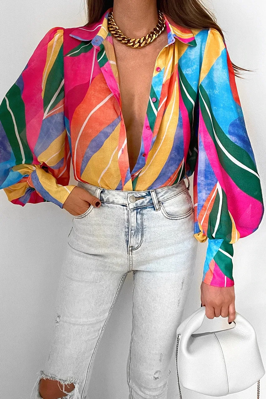 Casual Lantern Sleeve Print Shirt Blouse Women Fashion Spring Summer Button Shirts For Women 2024 Boho Beach Shirt And Tops