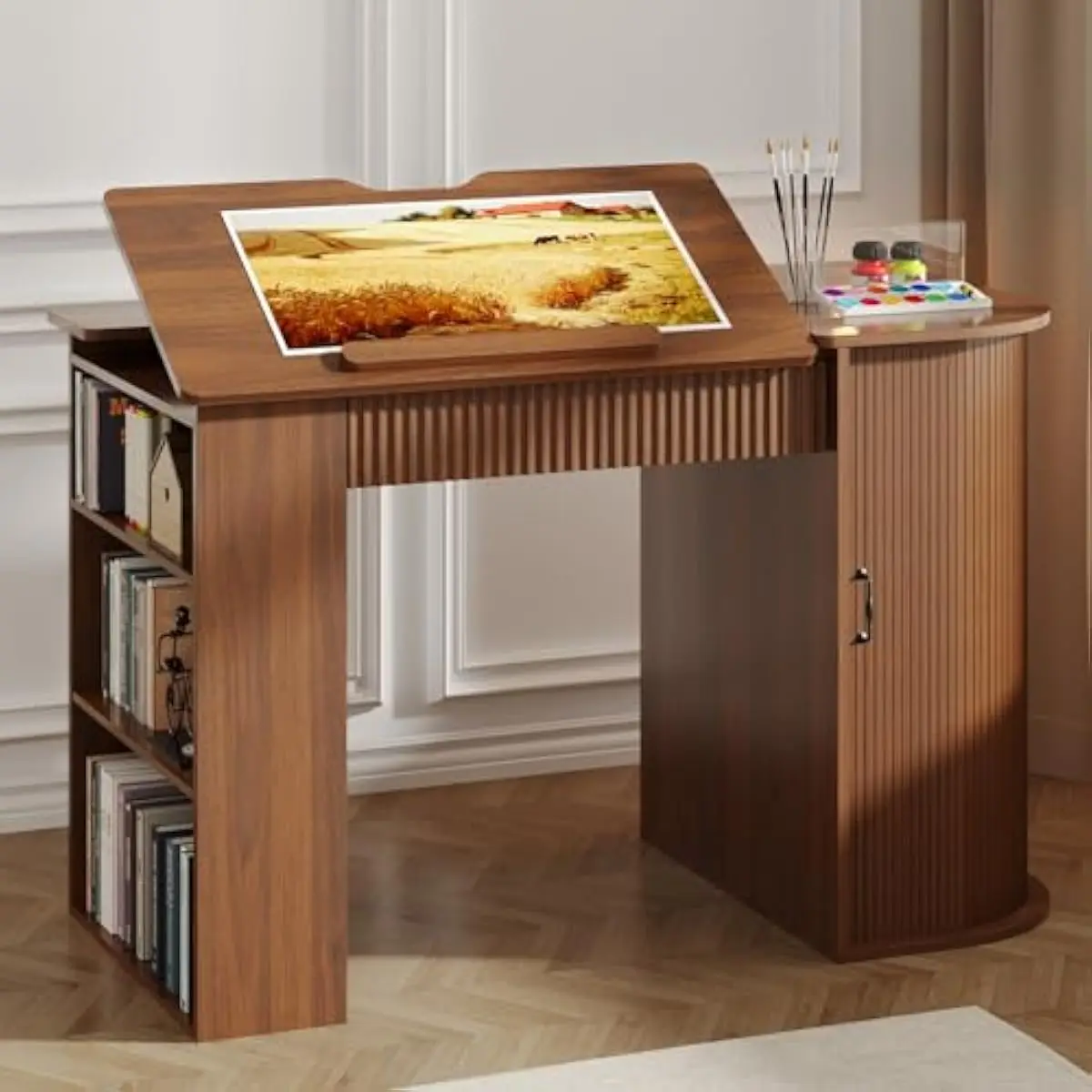 Drafting Desk with Adjustable Tilt Top 0–80°, Walnut Art Deco Style, Engineered Wood Surface, Open Shelving, Dual Drawers, Cabin