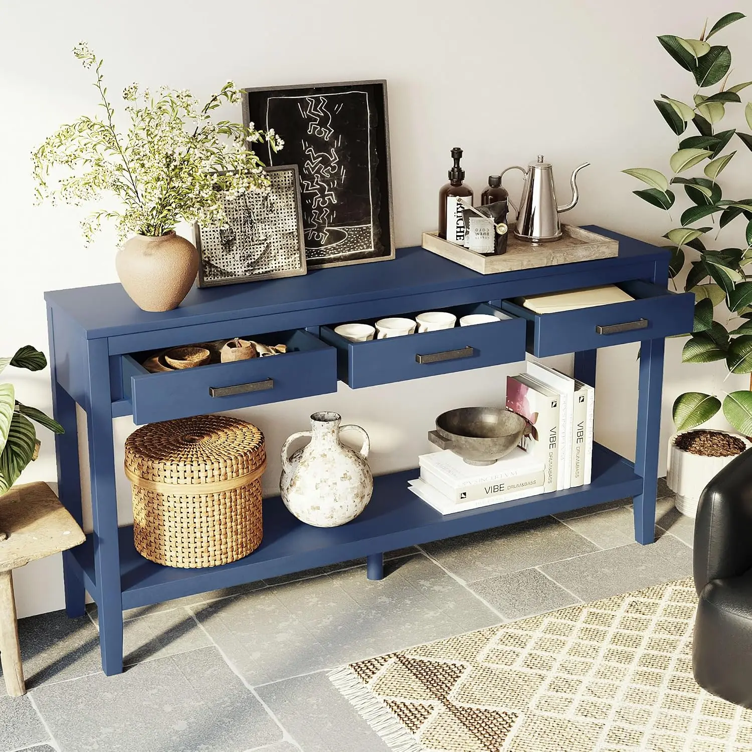 Rectangular Console Table with Shelf & 3 Drawers, Entryway Hallway Living Room Sofa Side Table, 59.1