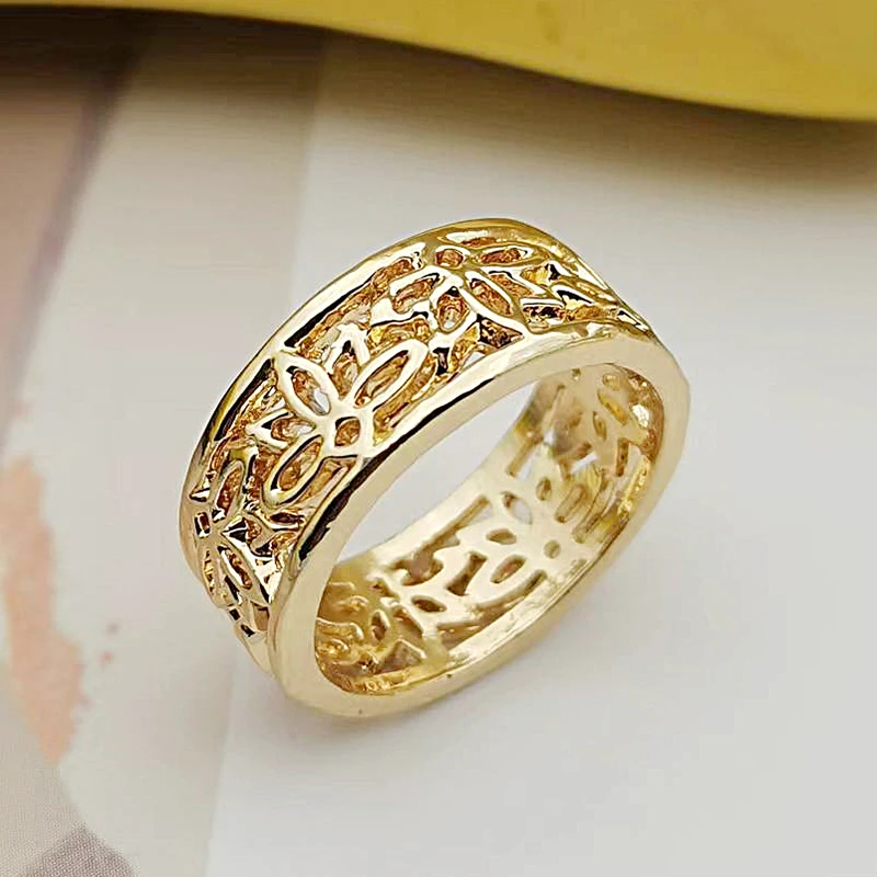 Huajie Three Colors Women\'s Lotus Hollow Pattern Classic Rings Elegant Retro Banquet Party New Female Ring Jewelry Accessories