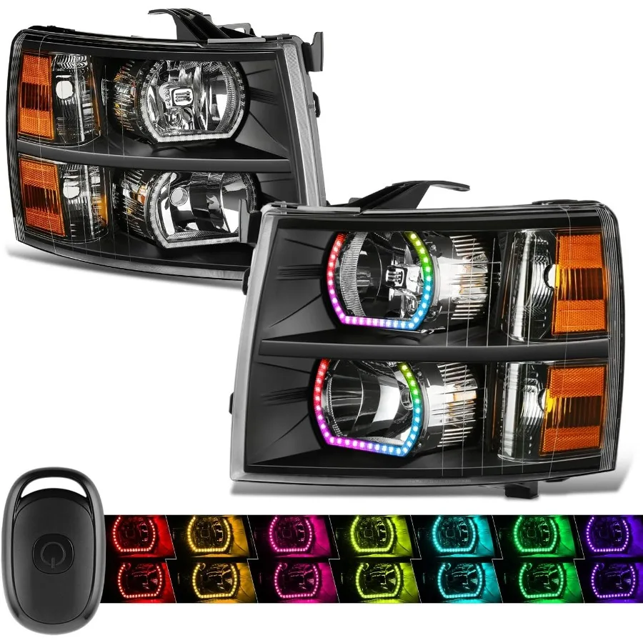 

Pair of Headlights Compatible with 2007-2013 Chevy Silverado 1500, 2500 3500 & HD, Start Up Sequence RGB LED DRL, Black/Amber, H